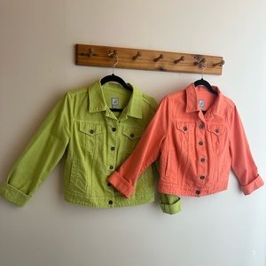 2 lightweight denim jackets. Green-L, Coral-PL. Gently used.  JCP label